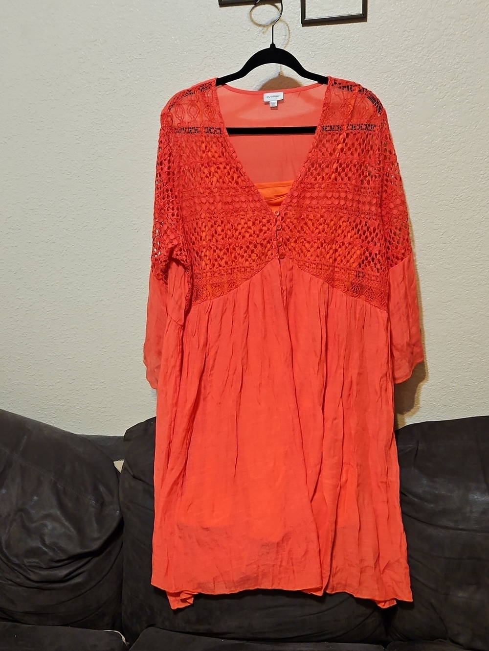 Avenue Coral-Orange Crochet V-Neck Midi Dress
